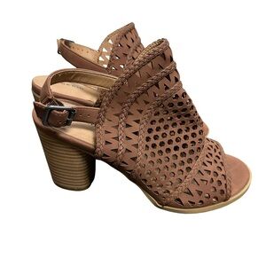 Torrid Chestnut Brown Faux Leather Laser Cut and Braided Heeled Sandals Size 10